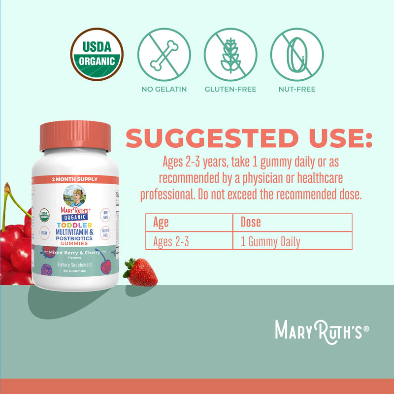 MARYRUTH'S Organic Toddler Multivitamin Gummies + Postbiotics, 60 Servings | USDA Organic, For Kids Ages 2+, Immune Support, Vitamin C, D3, A, Zinc, Vegan, Non-GMO