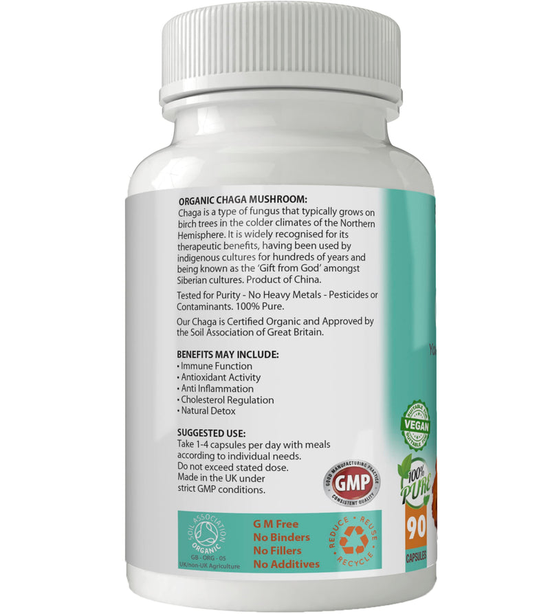 Organic Chaga Mushroom for Immunity and Antioxidant Boost | 500mg Capsules x 90 | 100% Pure Soil Association Certified | Gluten Free | GM Free | Vegan