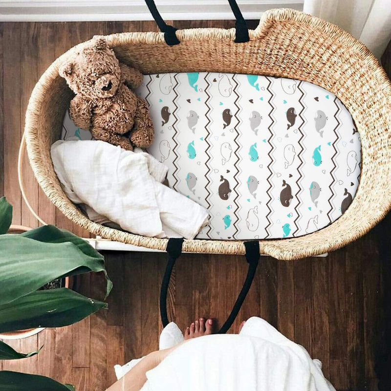 [Australia] - Stretch Fitted Bassinet Sheet Set BROLEX 2 Pack Cradle Sheets for Bassinet Pad/Mattress,Unisex Boys Girls,Ultra Soft,Elephant & Whale Grey Teal 