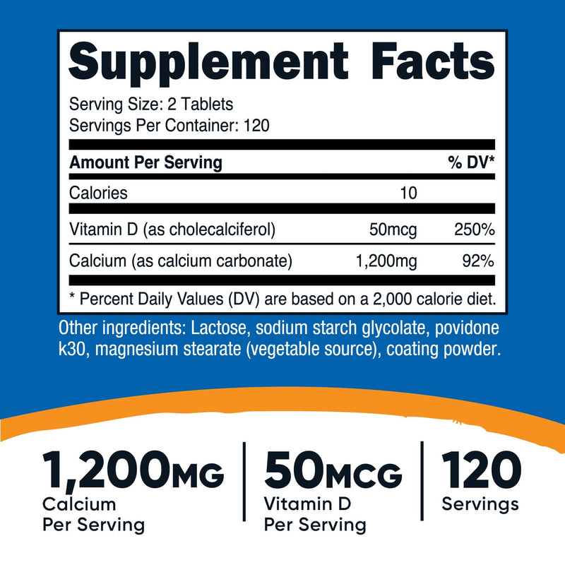 Nutricost Calcium with Vitamin D, 240 Tablets - Calcium (1200mg) Vitamin D (50mcg) Per Serving - Non-GMO, Gluten Free No Flavor Added 240 Count (Pack of 1)