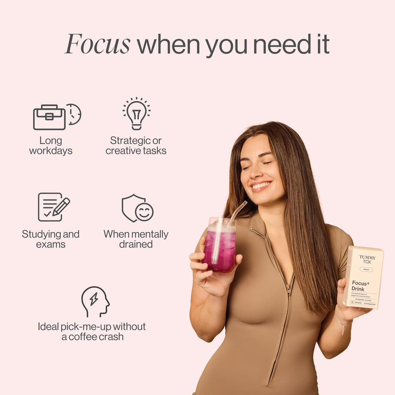 Focus Supplement with Ashwagandha, Taurine, Ginkgo Biloba, Guarana, Chicory, Blueberry Flavoured Drink, 30 sachets by Tummy Tox