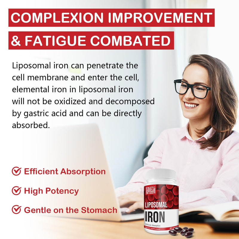 Liposomal Fe Iron Supplement for Women, 65 mg Iron Supplement with Folic Acid & Vitamin B12 for Men, Daily Blood & Energy Support for Adults Iron Deficiency 60 Softgels (1 Bottle) | 65 mg Iron Supplement with Folic Acid & Vitamin B12 for Men, Dietary S...