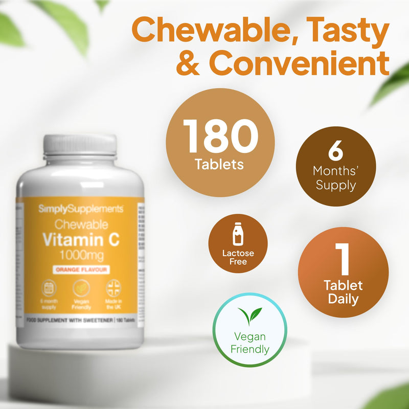 Chewable Vitamin C 1000mg with Riboflavin (Vitamin B2) | Immune & Skin Support | 180 Vegan Tablets | 6-Months Supply | Vegan & Vegetarian Friendly | UK Made