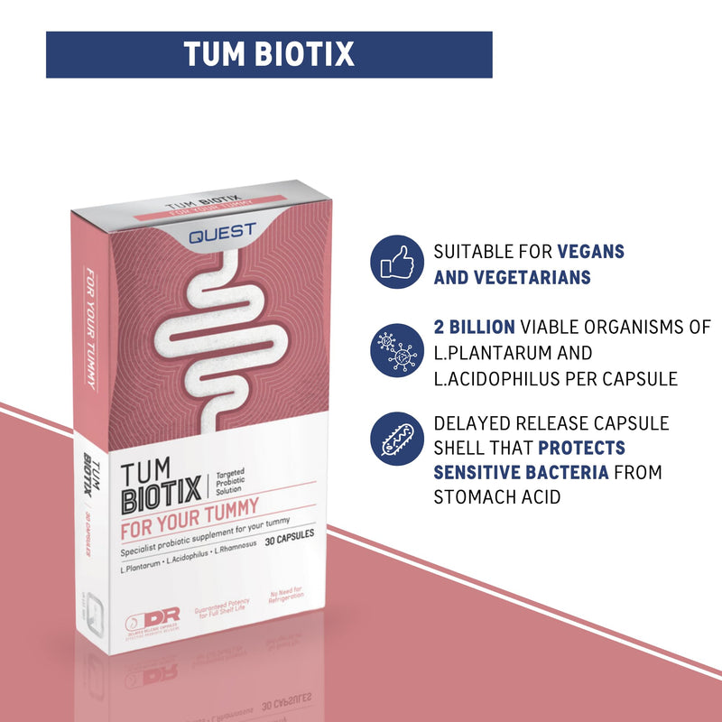 Quest Tum Biotix Gut Health Probiotics Supplements & Balance Gut Flora. 2 Billion CFU Helps Restore Gut Friendly Bacteria. Vegan Multi Strain Probiotic Digestive Supplement (30 Capsules) 30 count (Pack of 1)