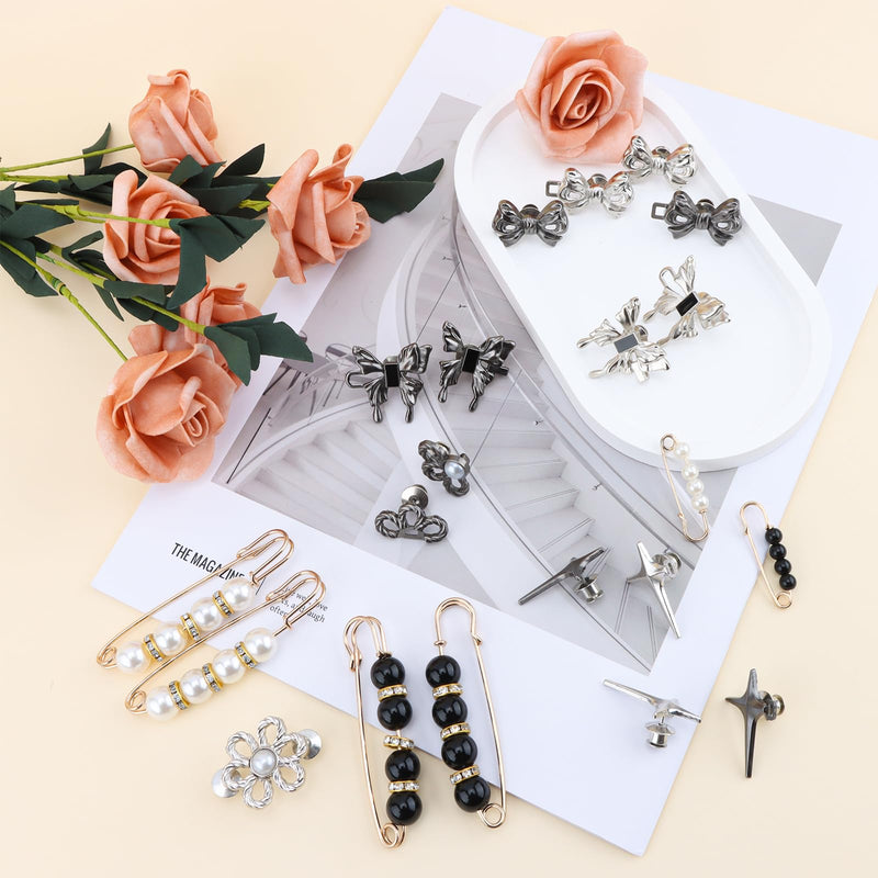[Australia] - Chanaco Pant Waist Tightener, 14Pcs Jean Buttons Pins for Loose Jeans, Adjustable Bow Waist Cincher Clip, Metal Star Brooch for Clothing Decoration No Sew Pants Clips to Tighten Waist 