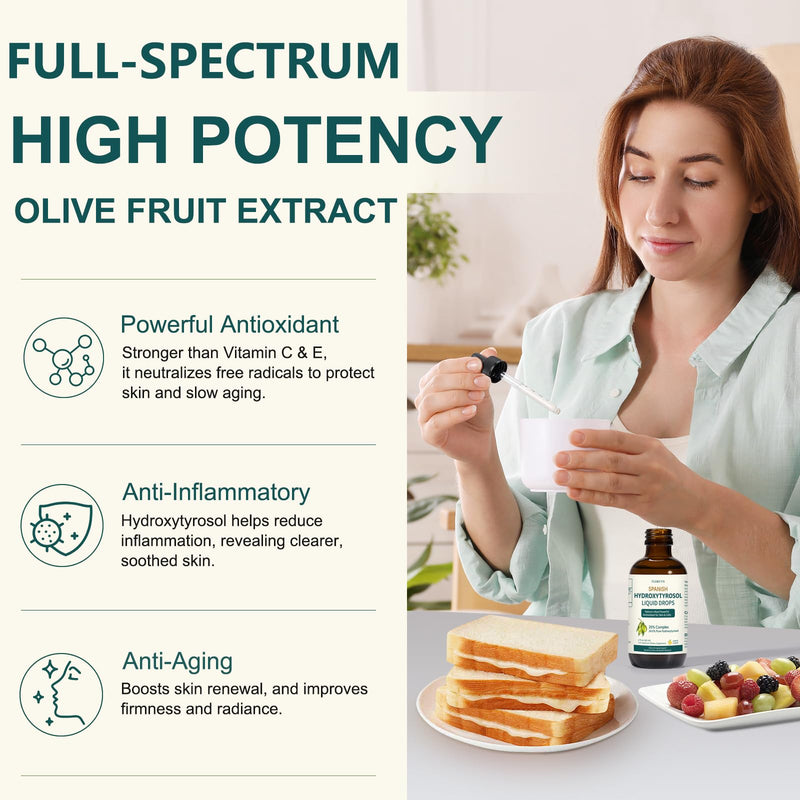 [Australia] - Hydroxytyrosol Liquid Drop, 100% Spanish Sourced Olive Fruit Extract, Super Antioxidant for Skin, Aging, Inflammation, No Sugar, Alcohol, Olive Leaf Extract Alt., New & Old Packaging Randomly Sent 