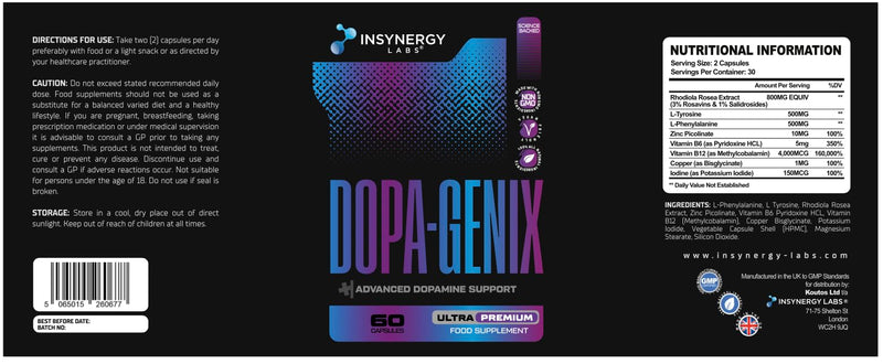 DopaGenix - Ultra Premium Dopamine Supplement (Highest UK Dosage) 8 Ingredients Dopamine Balance Supplements, l tyrosine, rhodiola rosea, Mood, Brain, Positivity 60 Vegan Capsules