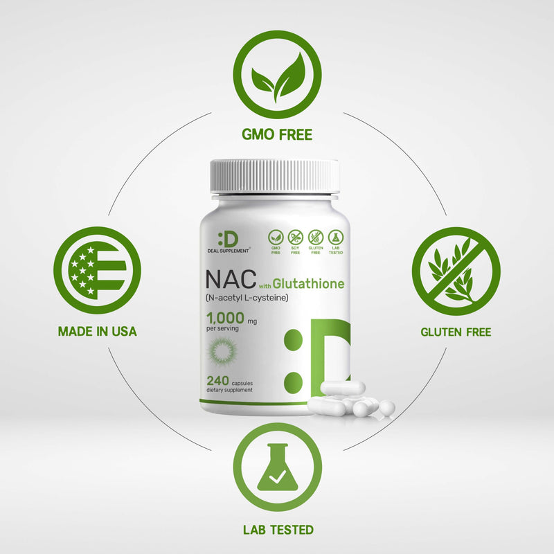 [Australia] - NAC Supplement (N-Acetyl Cysteine) 1,000*mg Per Serving with Reduced Glutathione, 240*Capsules – Antioxidant Support for Immune Health, Lung, & Liver Function 240 Count (Pack of 1) 