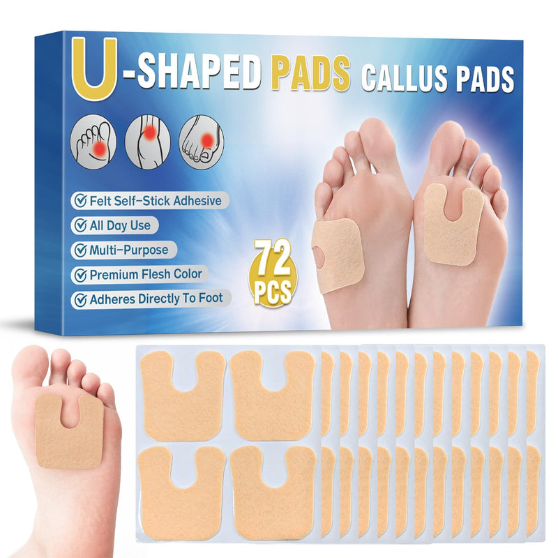 [Australia] - 72 Pcs U-Shaped Callus Pads for Feet, Callus Cushions for Bottom of Foot, Self Adhesive Felt Foot Metatarsal Corn Pads for Relieve Heel and Forefoot Pressure, Foot Pain Relief for Men and Women 72 Pcs 