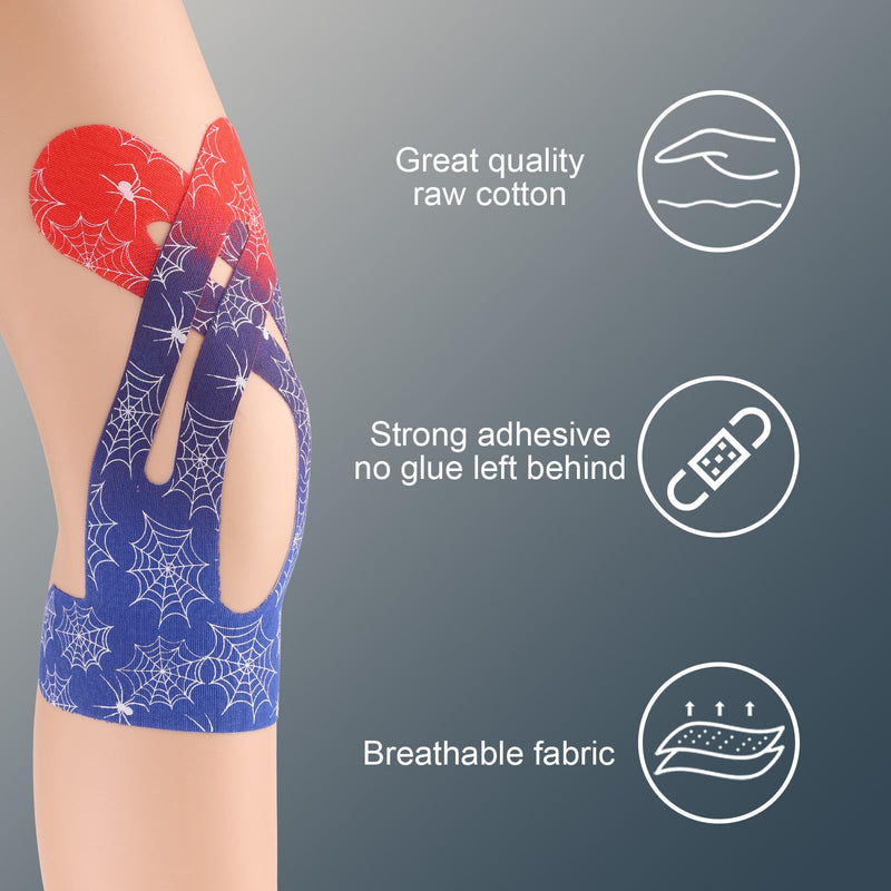 12pcs Precut Kinesiology Tape for Knees, Red Blue Gradient Waterproof Elastic Pre-Cut Breathable Sports Recovery Tape Stickers Supplies for Muscle Support & Comfort Stability