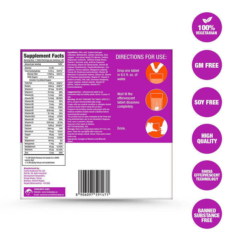 Fast&Up Multivitamin – Complete Multivitamin Supplement – All Day Energy – Saver Multipack - 80 Effervescent Tablets (4 X 20) - Supports Immune System – Orange Flavour 1 count (Pack of 80)