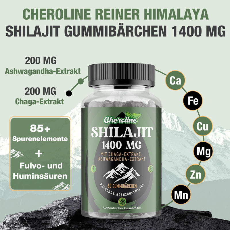 [Australia] - Pure Himalayan Shilajit 1400mg per serving, advanced 3-in-1 formula with chaga and ashwagandha extract, maximum effectiveness 85+ clean trace elements and fulvic acid, 60 vegan gummies 60 pieces (pack of 1) 