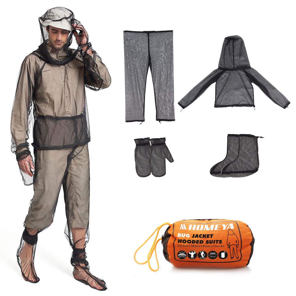 HOMEYA Bug Jacket L/XL, Anti Mosquito Netting Suit with Zipper on Hood Ultra-fine Mesh Pants Mitt Socks with Free Carry Pouch for Protecting Hunting Fishing Men Women Large/X-Large