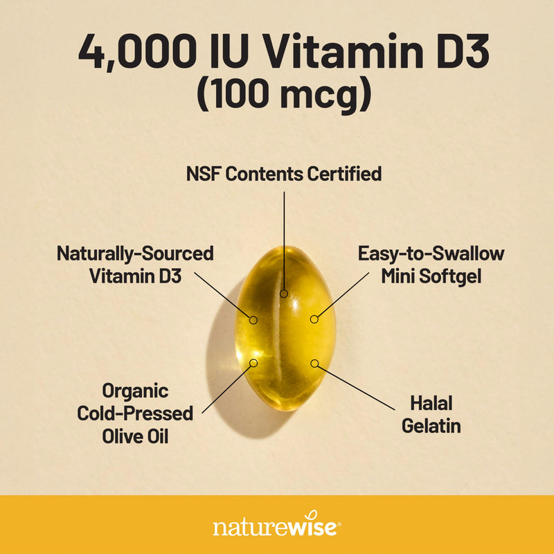 NatureWise Vitamin D3 4000IU Supplement, Immune Support, 200 Mini Softgels | Vitamin D 100 mcg - Organic Extra Virgin Olive Oil - Muscle & Bone Support - Gluten Free & USA Manufactured - 200-Day Supply 200 Count (Pack of 1) 4000 IU