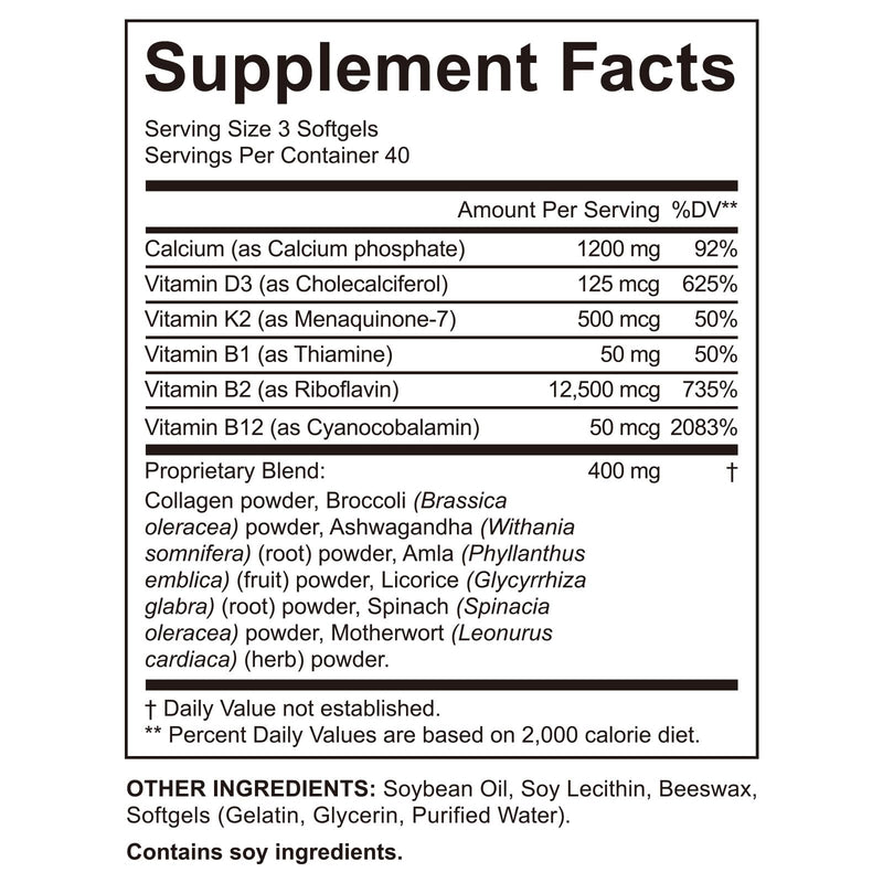 Calcium Supplements, Calcium Complex Softgels with Vitamin D3 & K2,Calcium Supplement for Bone & Teeth Health, Supports Absorption, with B Vitamins B1 B2 B12, Collagen & Plant Nutrients, 120 Capsules