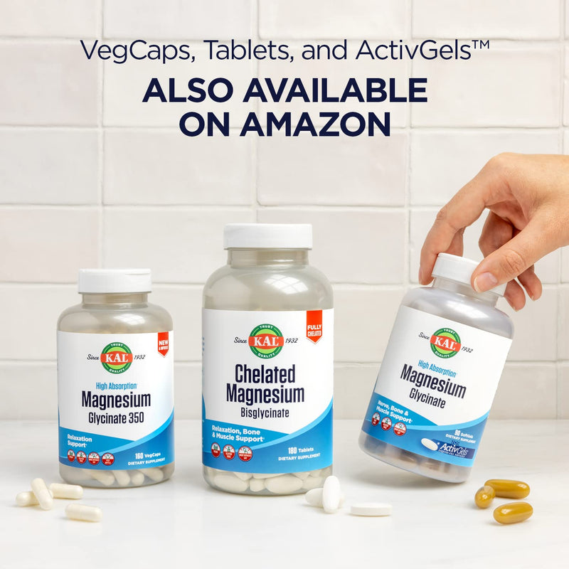 KAL Magnesium Glycinate, New & Improved Fully Chelated High Absorption Formula with BioPerine, Bisglycinate Chelate for Stress, Relaxation, Muscle & Bone Health Support, 60 Servings, 240 VegCaps 240 Count (Pack of 1)