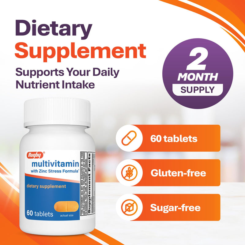 Rugby Multivitamin with Zinc Stress Formula - 60 Count (1-Pack) | Supports Immune Health and Wellness, Daily Multivitamin for Adults with Vitamin B-Complex, C, E & Zinc, Gluten-Free