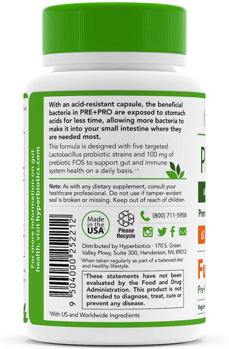 [Australia] - Hyperbiotics Pre Pro | Vegan Probiotics + Prebiotics | 60 Billion CFU | Daily Probiotic for Women and Men | Advanced Strength Digestive and Immune Health Support | Gluten and Dairy Free | 60 Capsules 60 Count (Pack of 1) 