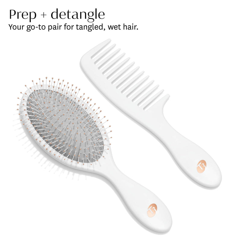 T3 Detangle Duo Brush Set | Detangling Brush and Shower Comb Set | Comb to Disperse Liquid & Brush to Detangle Wet Hair| For All Hair Lengths and Textures, white, 1 Count (Pack of 1)
