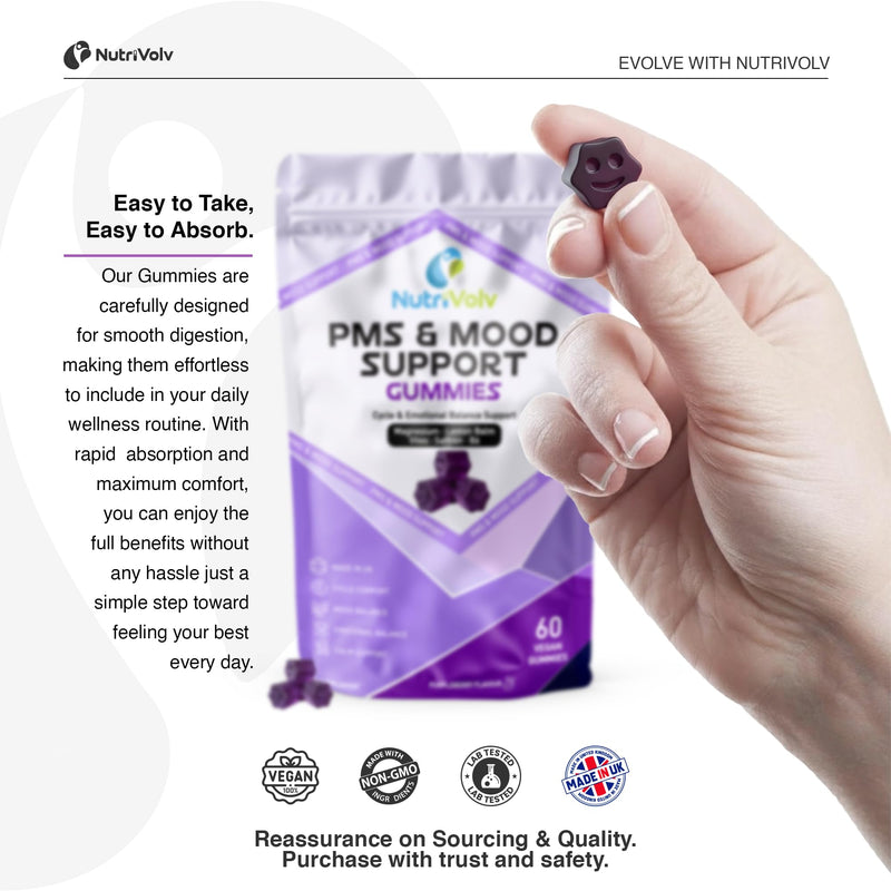 PMS & Mood Support Gummies | 60 Vegan Gummies | Magnesium Citrate, Lemon Balm, Vitex, Saffron & P-5-P B6 | Cycle, Mood & Hormone Balance Support | Purpleberry Flavour | UK Made | by NutriVolv