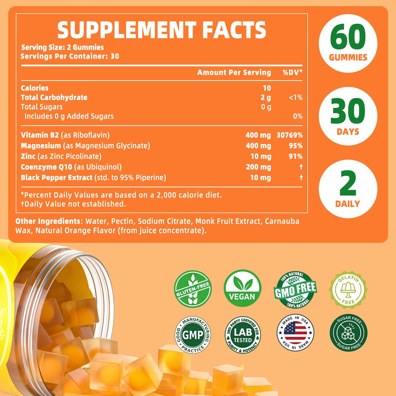 Vitamin B2 Gummies, Liposomal Riboflavin 400mg for Head & Energy | High Potency with Magnesium, CoQ10, Zinc for Kids & Adults, Sugar Free, Vegan, Orange Flavor, 30-Day Supply 60 Count (Pack of 1)