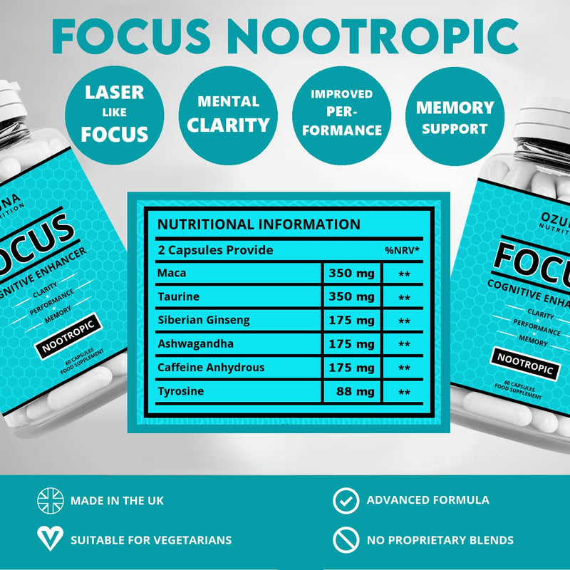 Focus Nootropic Supplement for Memory Brain Support – Natural Nootropic for Cognitive Support, Energy, Mental Clarity, and Concentration Boost – 60 Capsules