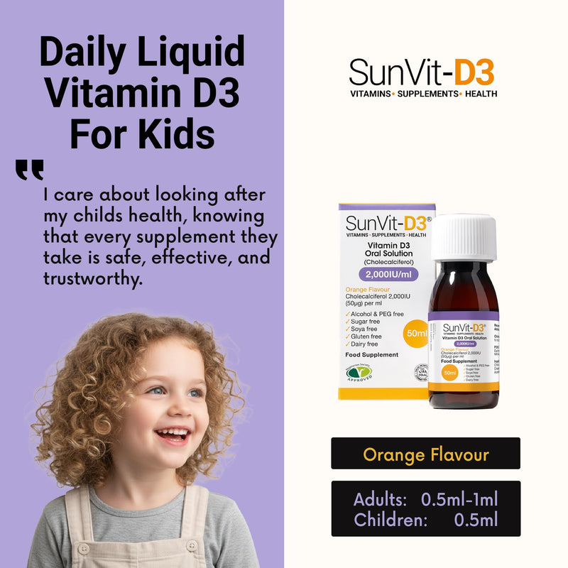 SunVit-D3 Vitamin D3 2000IU Oral Solution - Vitamin D for Kids | Cholecalciferol Vitamin D Drops Baby | Supports Bone, Teeth, Muscle & Immune System (50ml Orange Flavor) 50 count (Pack of 1)