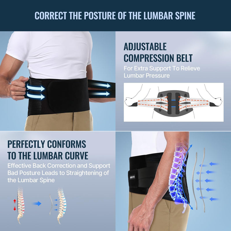 [Australia] - Fit Geno Back Brace for Lower Back Pain Relief - Lumbar Support for Men & Women, Supportive Breathable and Adjustable Weight Lifting Belt for Herniated Discs, Heavy Lifting - L/XL Black 