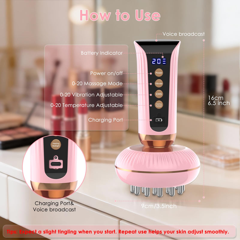 Handheld Body Massager for Lymphatic Drainage Lymphedema Lipedema | 4-in-1 Red Light Heat Vibration, Reduce Cellulite Stretch Marks, Relieve Sciatica Pain Device Pink