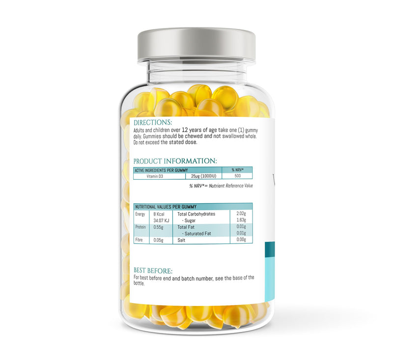 Vitamin D3 1000iu / 25μg Gummy - Adults & Children 12+ Years - 60 x High Strength Lemon Flavour Gummies - 2 Months Supply - Vitamin D Supplement Teeth, Bone, Muscles & Immune System Support