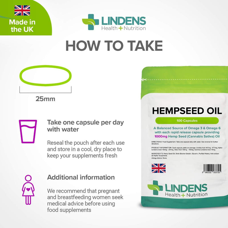 Lindens - Hemp Seed Oil 1000mg, 100 Capsules - UK Made - Source of Omega 3, 6 & 9 - Joint Care, Heart Health, Overall Wellbeing - Cold Pressed Hemp Seed Oil - Letterbox Friendly