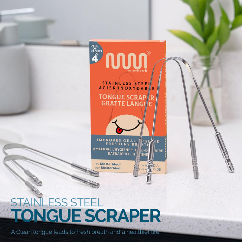 [Australia] - MasterMedi Tongue Cleaner Tongue Scraper Surgical Grade Stainless Steel Tongue Brush Dental Kit Professional Eliminate Bad Breath With Non-synthetic Grip (Family Pack (4 pcs) Pack of 4 