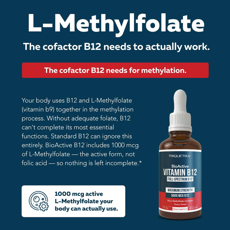 BioActive Vitamin B12 5000 mcg | 3 BioActive Forms Plus Methylfolate Cofactor - Methylcobalamin, Adenosyl & Hydroxy | Sublingual Liquid Drops, Berry Flavor, Organic, Non-GMO, Vegan (1 oz) 1 Fl Oz (Pack of 1)