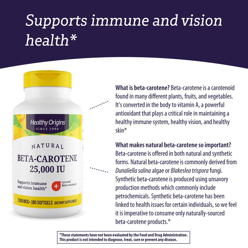 [Australia] - Healthy Origins Beta-Carotene 25,000 IU (7,500 mcg), Natural Beta-Carotene, Immune Support, Vision Support, Non-GMO, Gluten-Free, 180 Softgels 