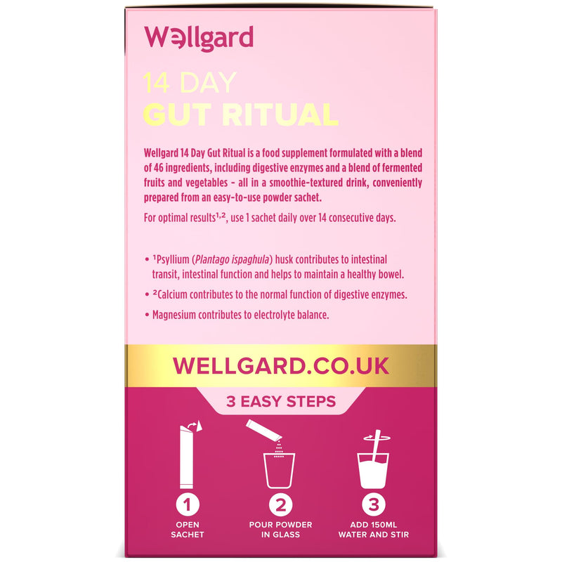 Wellgard 14 Day Gut Ritual - Psyllium Husk Fibre Supplement with Digestive Enzymes, Daily Sachets to Maintain Healthy Bowel & Intestinal Transit, 14 Single-Serve Sachets