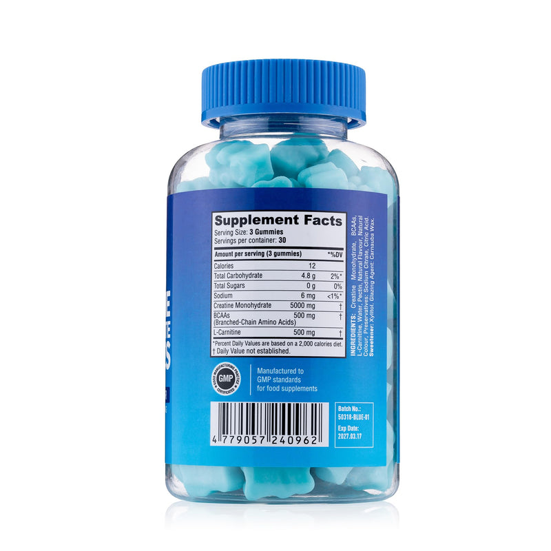 Creatine Monohydrate Gummy Bears - 5000 mg Creatine with BCAAs & L-Carnitine per Dose - for Muscle Building - Sugar Free, Anti-Melt Formula, Vegan, Gluten Free - 30 Servings (90 Count, Blueberry) 90 count (Pack of 1)