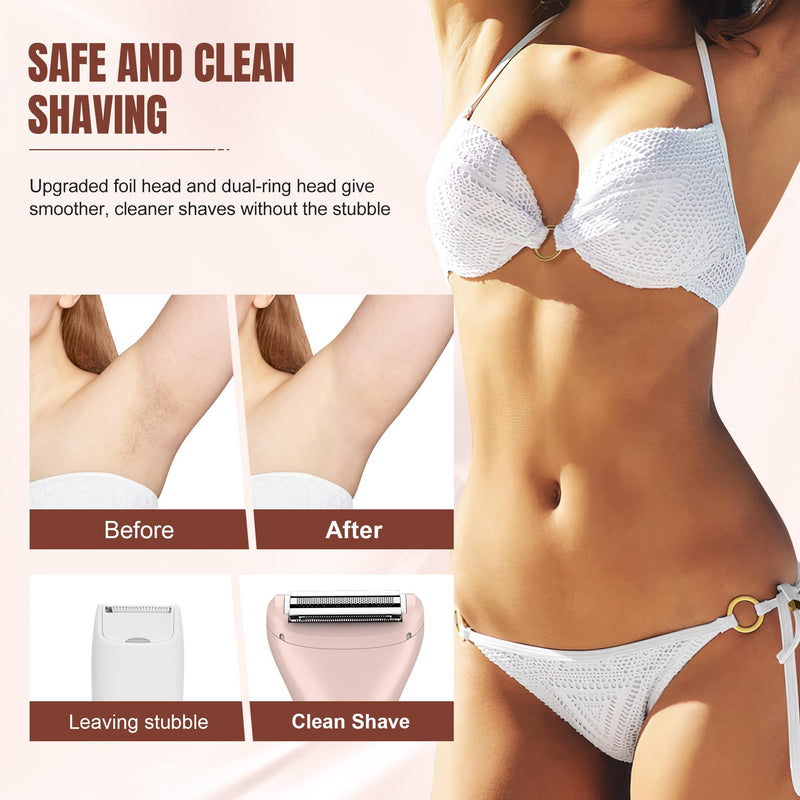 [Australia] - Karrte 2-in-1 Women Electric Shaver Dual Head Bikini Trimmer, Razors for Shaving Pubic Hair, Wet and Dry Cordless Painless Hair Removal for Private Area Pink 