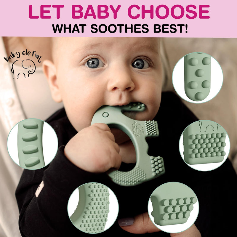 [Australia] - Teething Toys for Babies Age 0 to 6 Months - Baby Elefun 5X Pain Relief Smart Teether - Zero Developmental Delay Silicone Baby Teething Toy Ring - Cute Infant Shower Gift Chew Toy for Babies 0-6 –úonths 0-6 Olive 