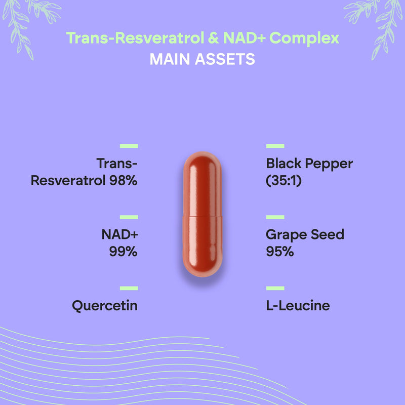 Trans Resveratrol NAD+ 686mg Complex - Quercetin Piperin Grapeseed and L-Leucine - 60 Capsules Nutralie