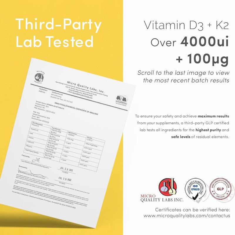 vP Vitality Pro Vitamin D3 4000 iu with Vitamin K2 100ug x 180 Tablets - Third Party Tested - Vitamin D Supplement with K2 MK7 - Vitality Pro | Third Party Tested, K2 MK7, Vitamin D Supplement, Natural, Excipient Free