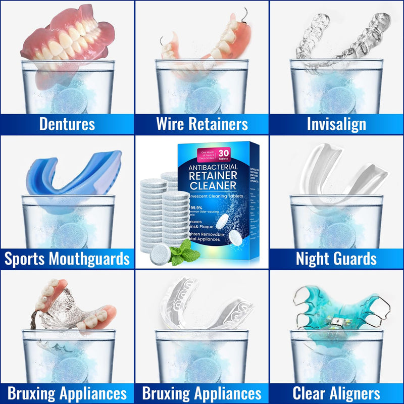 [Australia] - Retainer Cleaner Tablets for Invisalign,30 SULPHATE-free Effervescent Denture Cleaner with Aligner Tools Remove Stains ＆Odors -Mouth Guard Cleaner Night Guard Cleaner Tablets for Ultrasonic Cleaners 30 