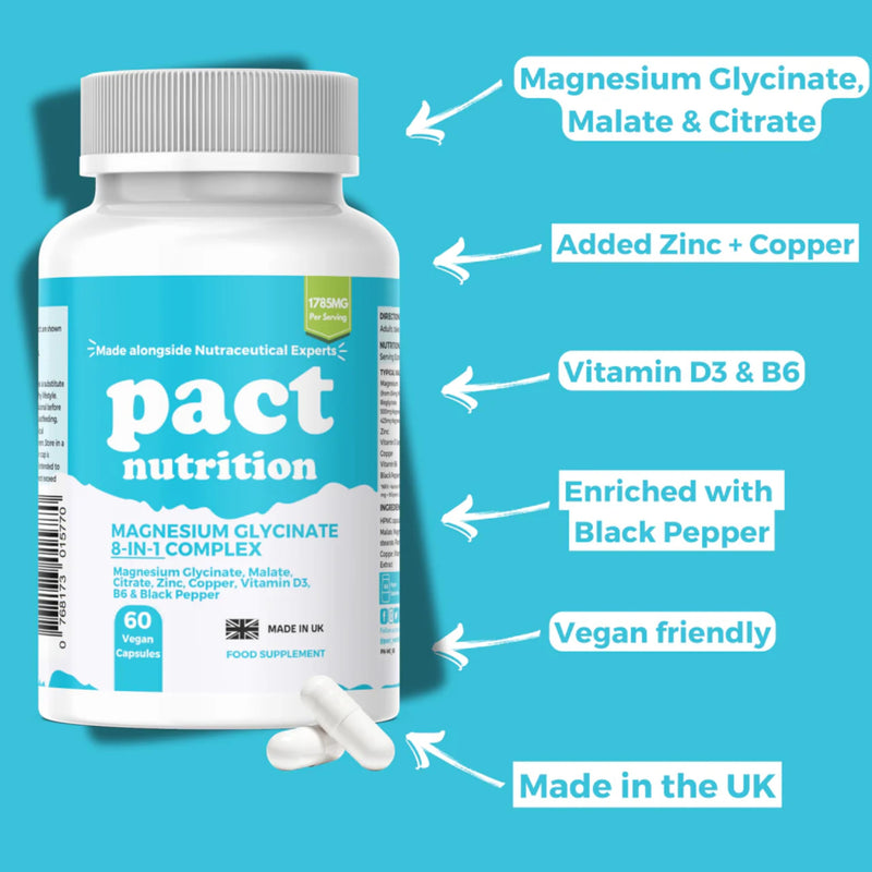 Magnesium Glycinate Capsules 8-in-1 Complex - Triple Magnesium (Bisglycinate, Citrate, Malate) Supplement with Zinc, Copper, Vitamin D3, Vitamin B6 and Black Pepper - 60 Vegan Capsules