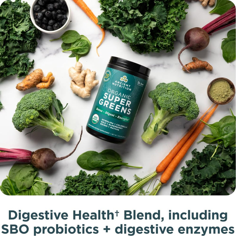 [Australia] - Ancient Nutrition Super Greens Powder, Organic Superfood Powder with Probiotics Made with Spirulina, Chlorella, Matcha, and Digestive Enzymes, 25 Servings, 7.05oz 