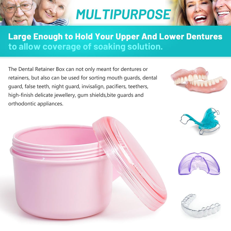 Denture Case with Denture Brush, Waterproof Denture Bath with Portable Denture Brush Holder,Partial Denture Case with Basket denture cups for soaking dentures (pink) pink