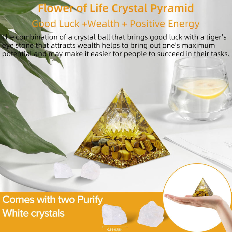 [Australia] - Orgone Pyramid Flower of Life Orgonite Money Healing Crystals Pyramid for Positive Energy with Tiger's Eye Stones and Luck White Crystal That Promotes Wealth, Prosperity and attracts Success Tiger's Eye&white Crystal 