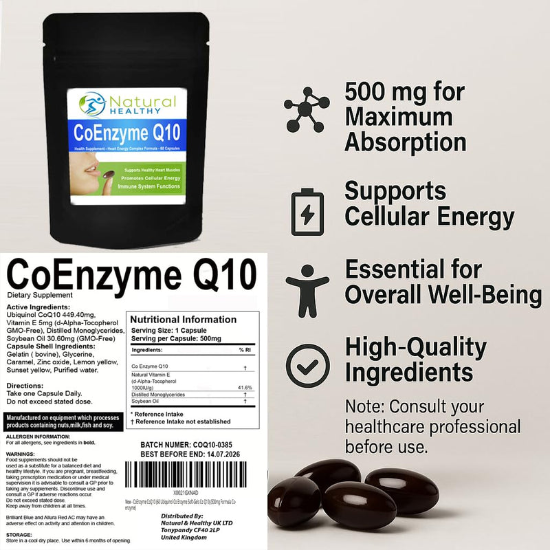 CoEnzyme Q10 60 Soft-gels - CoQ10 500mg Co Enzyme Complex with Vitamin E