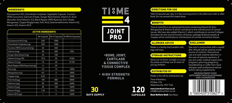 Time 4 Joint Pro – Joint Care Joint Health Supplements glucosamine and chondroitin high Strength Turmeric, 120 x Capsules, 30 Days Supply, Bone, Joint, Cartilage & Connective Tissue Complex