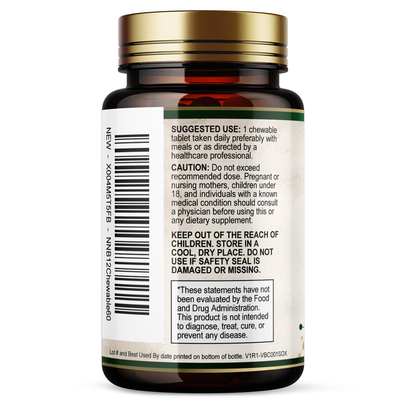 Vitamin B12 - 1000 mcg Per Serving Maximum Strength Methylcobalamin B-12 Chewable Tablet - Energy, Nervous System & Brain Support - Fast Dissolve, Gluten-Free, Non-GMO for Women & Men - 60 Tablets 60 Count (Pack of 1)
