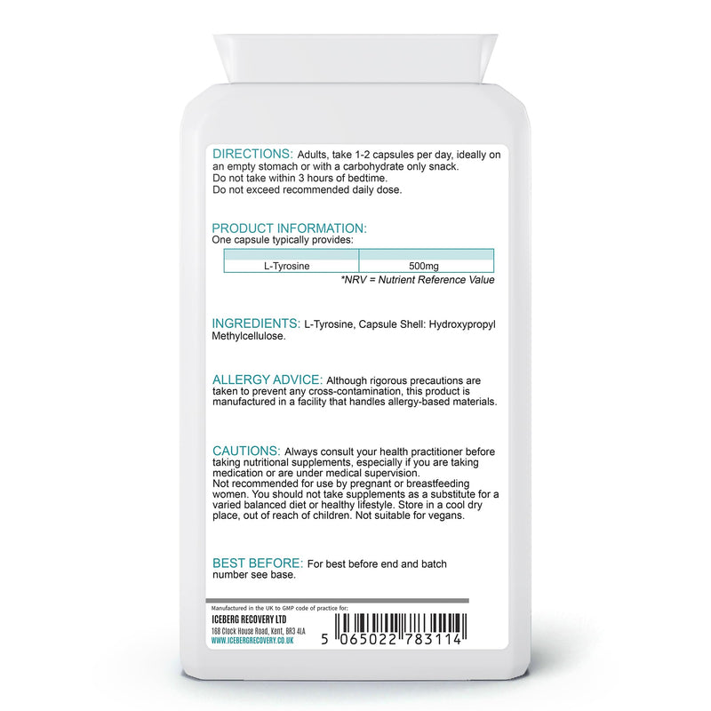 L-Tyrosine 500mg – 120 Capsules | Pure Amino Acid | No Fillers or Binders | Non-GMO | UK Made in GMP Facility | Food Supplement for Focus & Brain Support