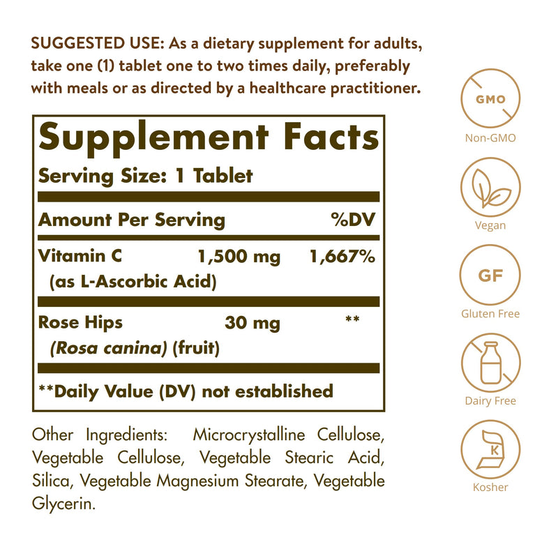 Solgar Vitamin C 1500mg with Rose Hips - Healthy Immune System - Antioxidant - Vegan - 180 Tablets